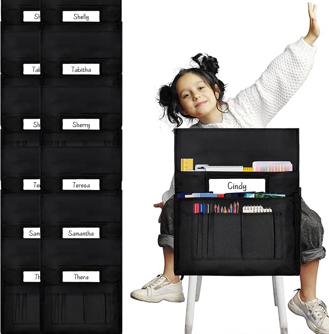 12 Pcs Classroom Chair Pockets, 14.5‘’ W x 18.5‘’ H Black Chair Pockets For Classroom, Seat Sacks for Classroom Chairs, Buddy Pocket, Chart Seat Back Organizer with Name Tag by Unknown