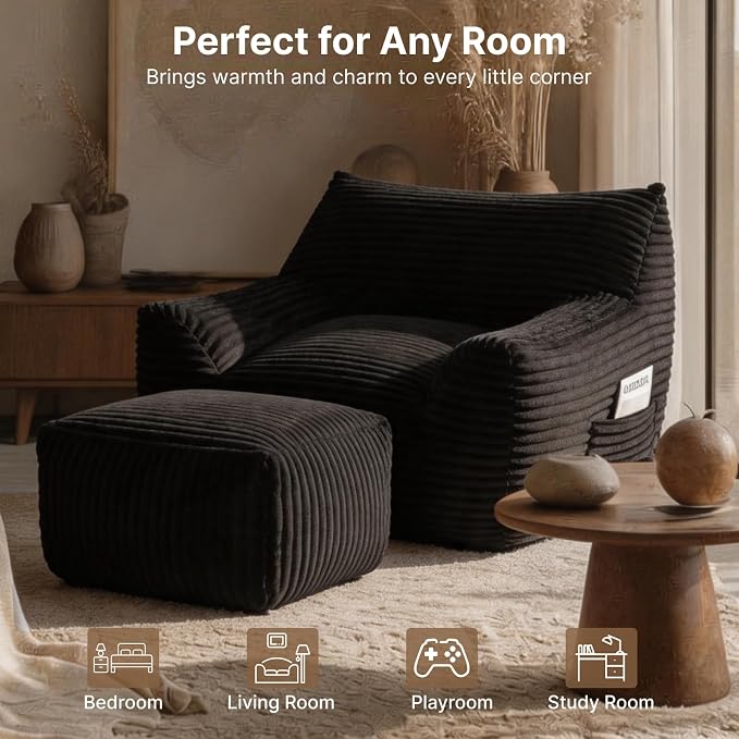 Oversized Bean Bag Chair with Ottoman, Bean Bag Couch with 2 Side Pockets, Corduroy Boneless Couch Chair in a Box, Comfy Lounge Chair for Living Room, Bedroom, Dorm, Black - Image 7