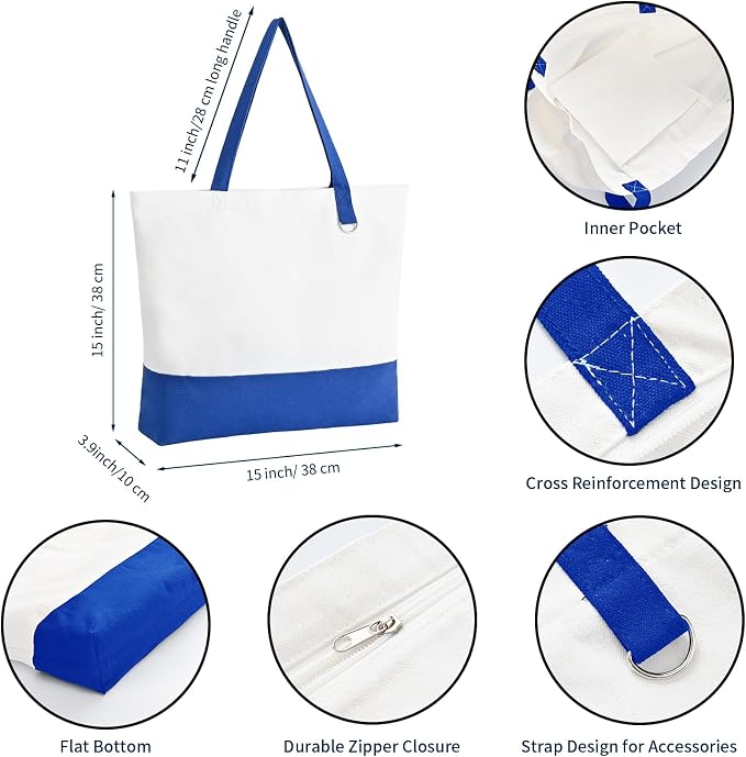 1 Pack Canvas Tote Bag with Zipper, Large Grocery Tote, Royal Blue | Reusable, washable, inner pocket, flat bottom, sturdy handle, for sublimation DIY/transfer, travel/beach/gift/Christmas craft - Image 4