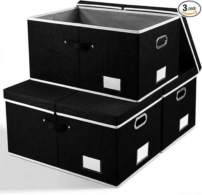 Storage Boxes with Lids [3-Pack] Fabric Collapsible Storage Bins Organizer Containers Baskets Cube with Cover for Home Bedroom Closet Office Nursery Black（23.4X15.9X11.5 by Prandom
