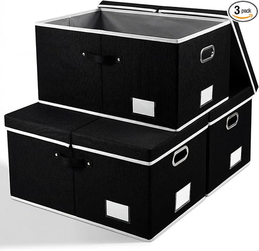 Storage Boxes with Lids [3-Pack] Fabric Collapsible Storage Bins Organizer Containers Baskets Cube with Cover for Home Bedroom Closet Office Nursery Black（23.4X15.9X11.5 by Prandom