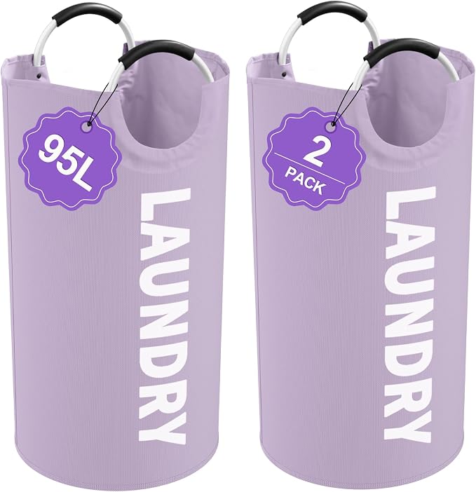 2Pack 95L Purple Collapsible Laundry Basket for Students, Large Laundry Hamper with Handles, Portable Dirty Clothes Hamper, 600D Oxford Fabric Storgae Basket for Bathroom, Dorm by IHOMAGIC