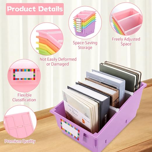 gisgfim 6 Pack Picture Book Bin with Dividers Classroom Library Book Bin Small Plastic Books Holders with Labels for Classroom Library Magazines Storage Organizer 13.5 x 8.75 x 7.75 in(Candy) - Image 3