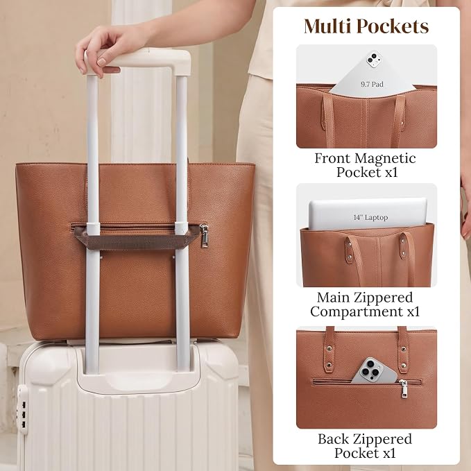 S-ZONE Tote Bag for Women Work Purses Handbags Luggage Strap Large Travel | Padded Laptop Compartment, Multi Pockets, Vegan Leather, Bottom Metal Rivet, Commuting Office Teacher - Image 5