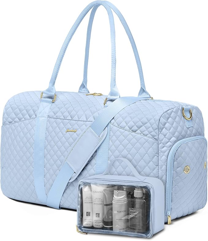 Women Weekender Travel Duffle Bag: Travel Duffel Overnight Bags with Shoe Compartment Large Carry on Tote with Toiletry Bag Weekend Traveling Yoga Gym Hospital Bag for Women with Wet Pocket Light Blue by FOCDOD