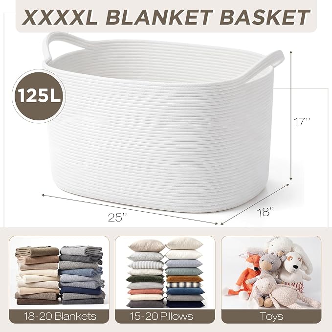 XXXXL 125L Extra Large Woven Blanket Basket, 25" x 18" x 17" Jumbo Cotton Rope Storage Basket with Handles Toy Storage Bins for Laundry Hamper Nursery Organizer Living Room Home(White) - Image 2