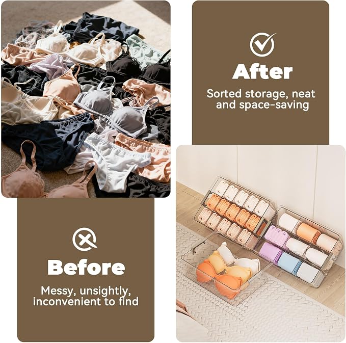 Socks Bra Underwear Drawer Organizer for Closet, 2 PCS Plastic Storage Box with 15 Removable Compartments and Lid, Clear Dresser Drawer Organizer Storage Container with Dividers for Sock Ties Belts - Image 5