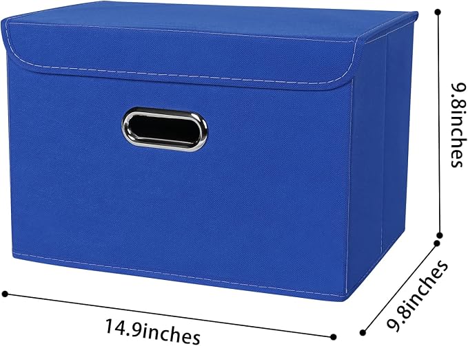 Linen Fabric Foldable Collapsible Storage Cube Bin Organizer Basket Fabric Storage Bins with Lid, Leather Handles, Removable Divider for Home, Closet, Dark Blue 3Pcs - Image 2