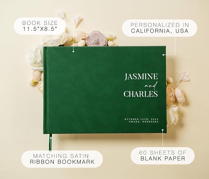 Personalized Guest Book - 11.5" x 8.5" Premium Custom Guest Signing Book with Bookmark and Blank Pages for Wedding Reception Table Decoration Engagement Birthday Party Event, Emerald - Image 2