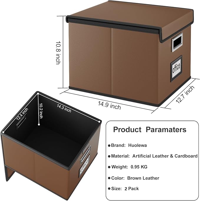 Foldable File Organizer Box with Lids (2 Pack, Brown, Leather) | File Box with Plastic Slides for Document, Filing Bin for Letter Size Hanging File Folders (2 Pack, Brown, Leather) - Image 6