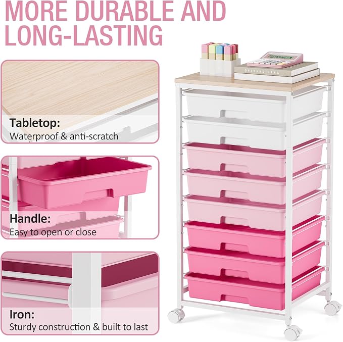 TOOLF Rolling Storage Cart with 8 Drawers,Rose Pink | Utility Cart on Wheels with Wooden Tabletop,Teacher Organization for Classroom, Art Cart for Office,Bedroom,Craft Room - Image 6