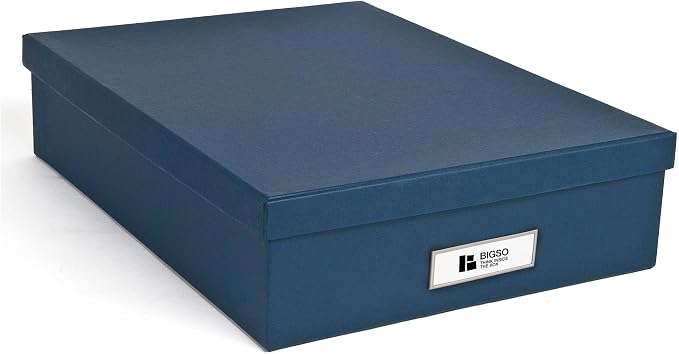Bigso Oskar Fiberboard Label Frame Document Letter Box - File Organizer Box for Important Paperwork - Document Storage with a Lid & Metal Label Window - 3.3 in x 10.2 in x 13.8 in - Dark Blue by Bigso