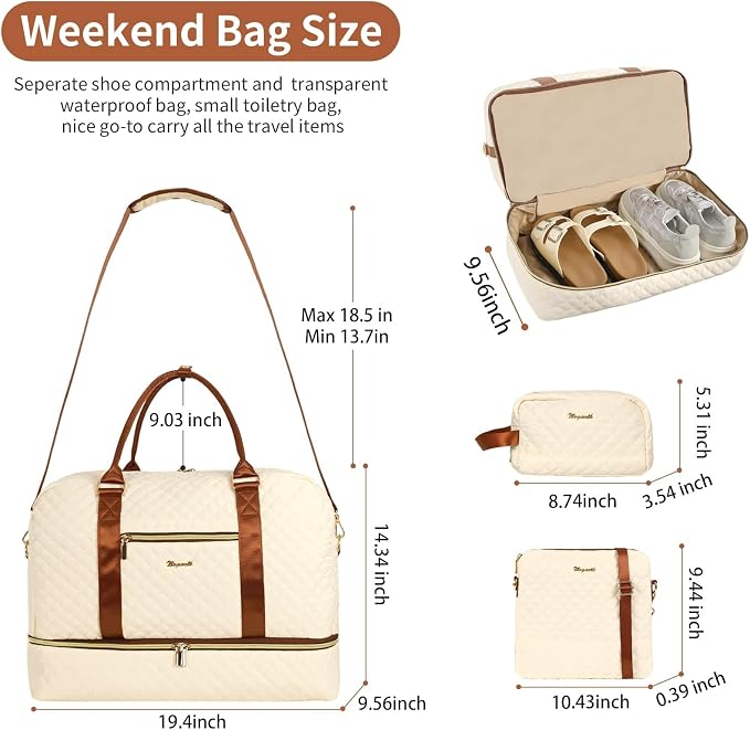 3PCS Weekender Bags for Women Large Overnight Bag, Beige | Weekender Travel Duffel Bags Carry on Shoulder with Shoe Compartment Toiletry Bag Satchel Bag for Travelling Business Gym - Image 3