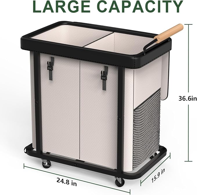 190L (50 Gal) Extra Large Fashion Laundry Hamper 2 Section with Lid, Rolling Laundry Basket Hamper with Handle, Laundry Organizer Storage Cart with Sturdy Metal Frame for Laundry Room, Hotel,White - Image 6
