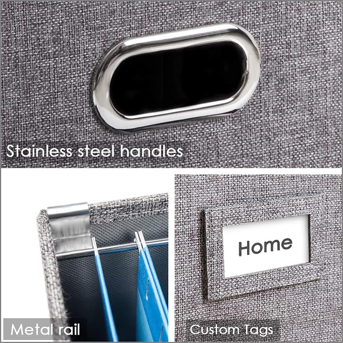 File Organizer Box - Set of 1 Collapsible Decorative Linen Filing Storage Hanging File Folders with Lids Office Cabinet Letter/Legal Size Grey (17x14x11.2 inch) - Image 6