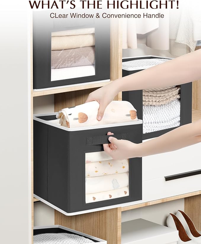 Foldable Storage Cubes - Square Organizer with Window, Decorative Baskets for Organizing, Fabric shelf Basket for Clothes, 11 Inch Closet Storage Cubes, Set of 16, Black - Image 9