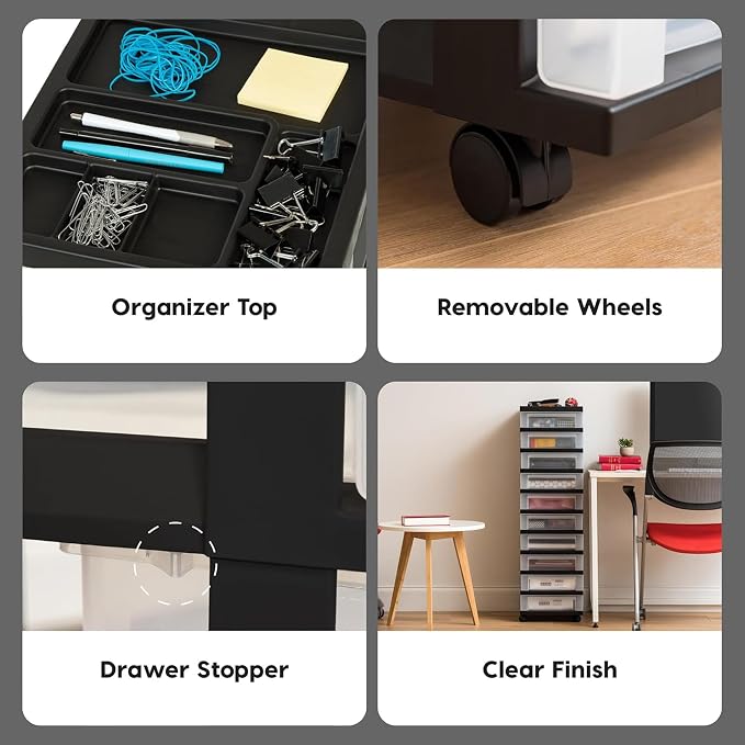 IRIS USA 2 Pack 10-Drawer Plastic Storage Rolling Organizer Cart with Caster Wheels for Laundry Room, Bathroom, or Closet Dresser Storage, Black/Clear - Image 5