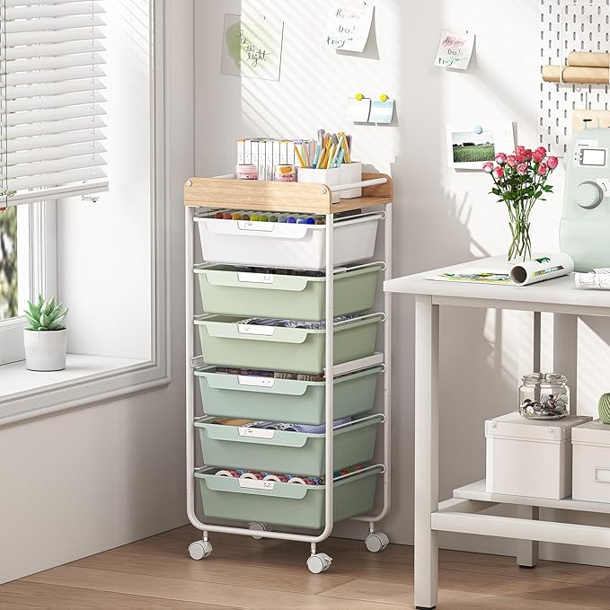 SYKIARIOL Rolling Cart with 6 Drawers,Art Craft Organizer and Storage,Green | Utility Storage Cart with Drawers,Makeup Organizer With Wooden Tabletop - Image 6
