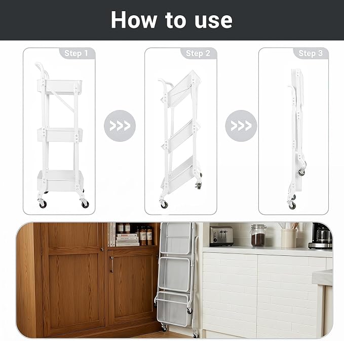 Amatic 3-Tier Folding Rolling Utility Cart with Wheels, Foldable Storage Cart Organizer with 3 Hanging Cups & 6 Hooks for Kitchen, Office, Living Room, Nursery(White) - Image 3