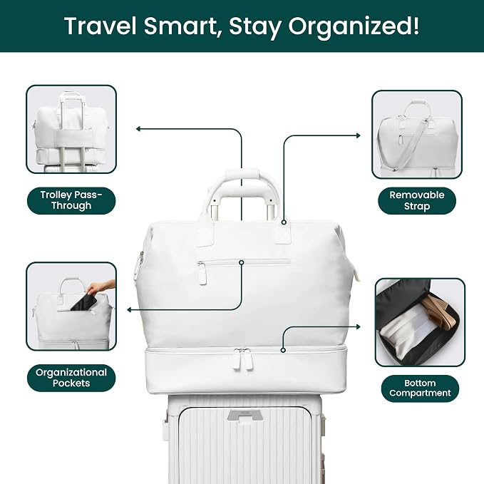 Nobl Travel Weekender Bag for Women & Men, Large Carry-On Duffel, White | Leather Overnight Tote with Trolley Sleeve, Separate Shoe Compartment & Laptop Pocket for Airplane, Gym & Road Trips - Image 3