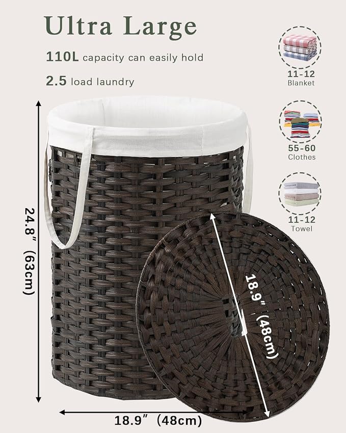 SETVSON Laundry Basket with Lid Round Rattan PE Laundry Hamper, Brown | 110L Large Woven Basket with Lid, Removable Washable Liner Bag, 2 Mesh Laundry Bags, Side Handles for Easy Carrying - Image 4