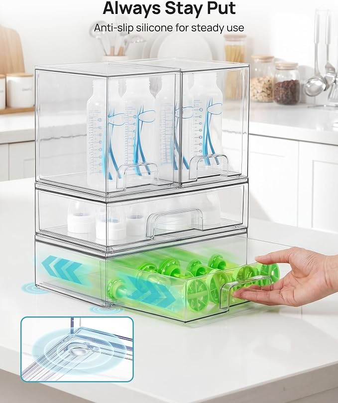 Vtopmart Clear Stackable Storage Drawers Set of 4, Baby Bottle Organizer | Plastic Organizer Bins for Makeup, Cosmetics, Beauty Supplies,Ideal for Vanity, Bathroom,Cabinet,Pantry Organization - Image 7