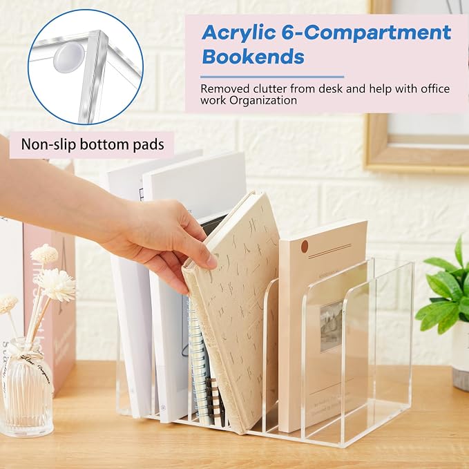 Suzile Clear Acrylic Magazine File Holder with Vertical Compartments Desk Organizer Book Rack for Desk Sorter Paper Folder Office Accessories (Classic,10.5 x 6.9 x 6.3 Inch) - Image 3