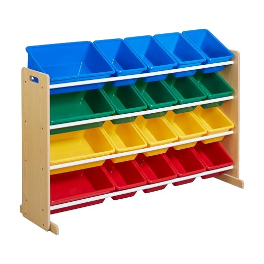 ECR4Kids 4-Tier Organizer with 20 Removable Plastic Bins, 4x5, Toy Storage, Natural/Primary | Durable plastic bins, MDF panels, steel frame, GREENGUARD Gold Certified, 72 lb capacity, anti-tip kit, playroom/classroom by ECR4Kids
