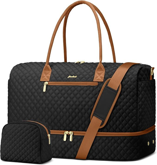 Travel Weekender Duffle Bags for Women - Large Carry On Bag with Shoe Compartment Overnight Bag with Toiletry Bag Duffel Bags with Wet Pocket for Gym Hospital Bags for Labor and Delivery Black Brown by FOCDOD