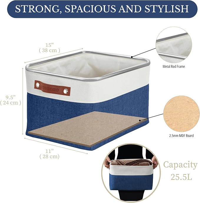 DECOMOMO Storage Bins, Large Fabric Storage Baskets for Shelves 3 Pack | 15 x 11 x 9.5 inches Decorative Linen Closet Organizers (Navy Blue & White) - Image 3