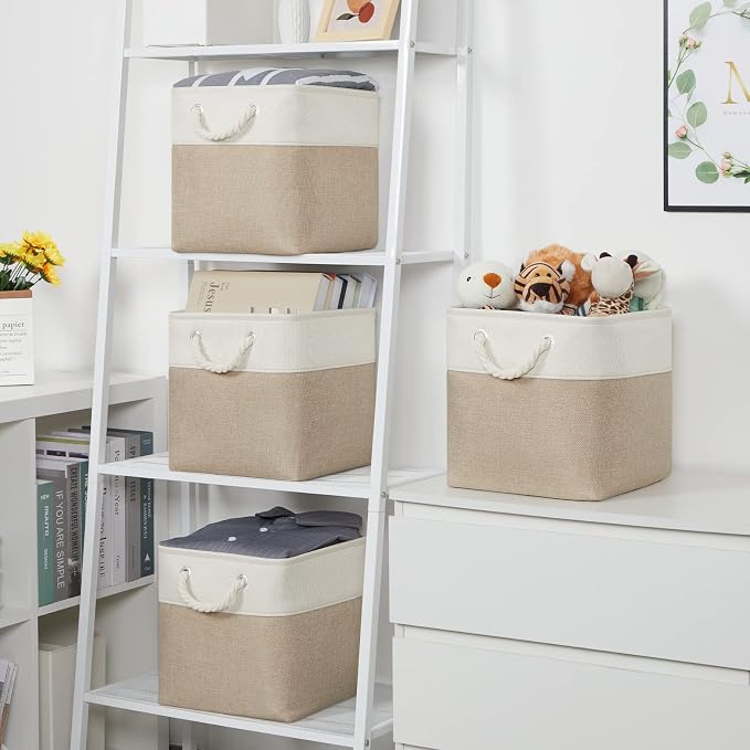 Temary Cube Storage Bins 11 x 11 Fabric Storage Baskets 4 Pack Storage Cubes Baskets for Gift Empty, Cube Organizer Bins Cloth Basket for Storage (White&Khaki) - Image 4
