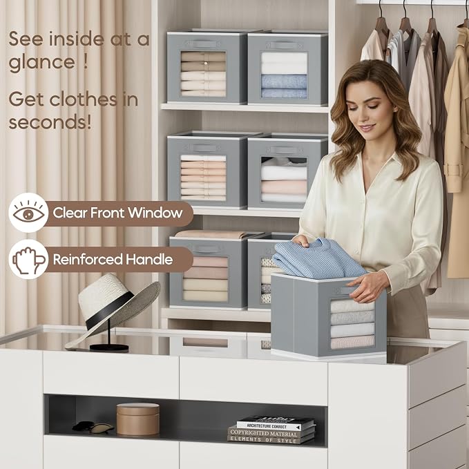 Foldable Storage Cubes - Cubby Storage Organizer with Window, 11 Inch Baskets for Organizing, Collapsible Fabric Storage Cubes for Shelves, Closet, 10 Pack, Grey - Image 2