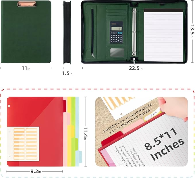Ospelelf Green Clipboard with Storage 3 Binder Leather Portfolio Folder with Zipper, 12.1” Tablet Sleeve, 5 Dividers with Pocket, Refillable Notepad, Card Slot - Image 2
