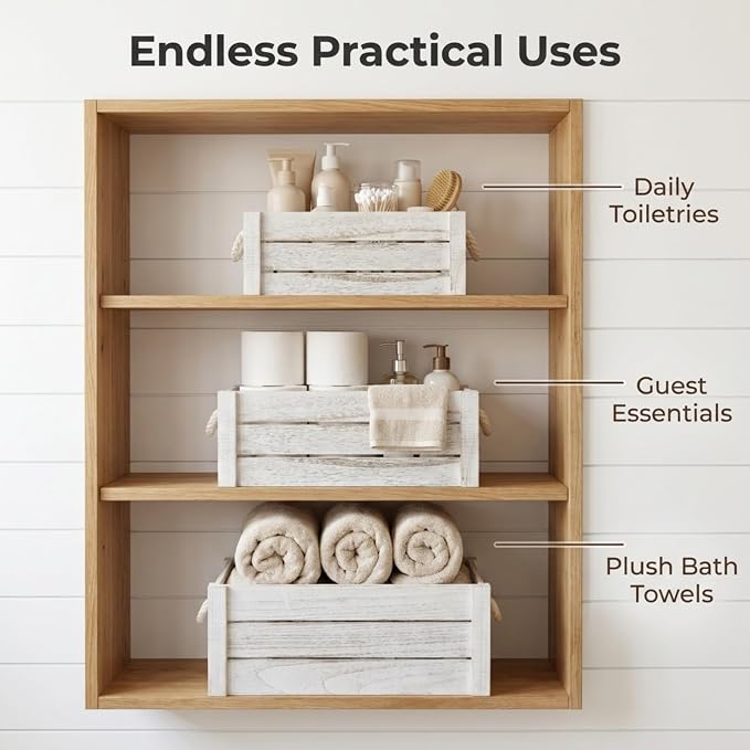 Set of 3 White Wooden Crates with Rope Handles, Nesting Decor Storage Boxes | Rustic Farmhouse Organizer for Kitchen, Living Room, Bathroom, or Pantry. Nesting Design Keeps Shelves Tidy. - Image 5
