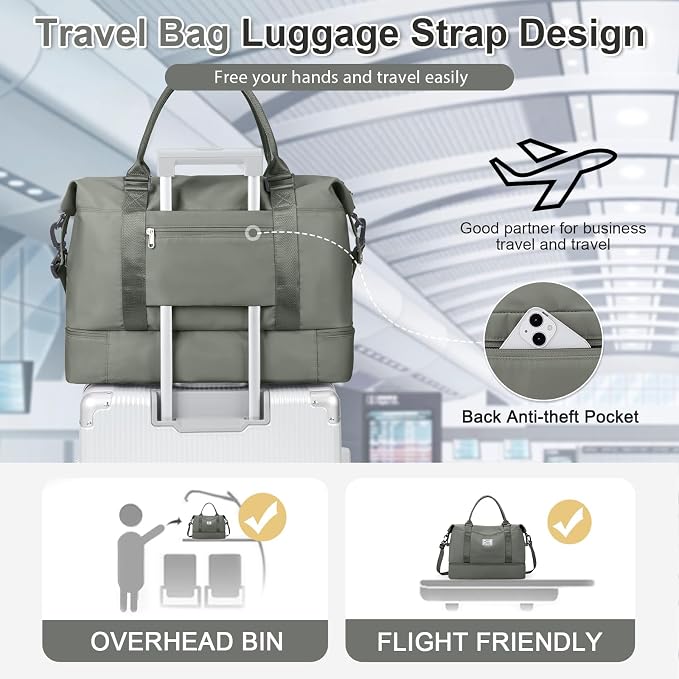 Weekender Bags for Women, Travel Duffel Bags with Shoe Compartment & Wet Pocket,Personal Item Travel Bag for Airlines,Carry on Overnight Tote Bag for women,3Pcs Set，Olive Green - Image 7