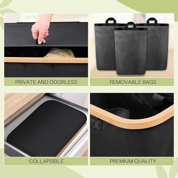 145L Laundry Hamper with Lid, 3 Section Laundry Basket with 3 Removable Bag | Clothes Hampers for Laundry with Bamboo Frame Handle, Large Dirty Clothes Hamper for Laundry Room, Bathroom, Bedroom, Black - Image 6