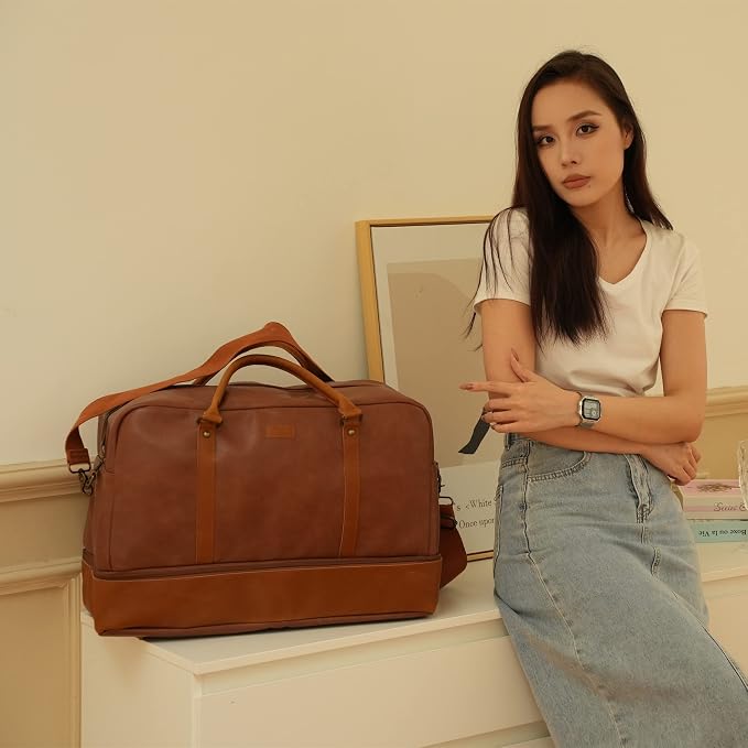 Baosha Vegan Leather Large Travel Duffel Tote Bag Carry On Weekender Overnight Bag With Shoe Compartment HB-38 - Image 5