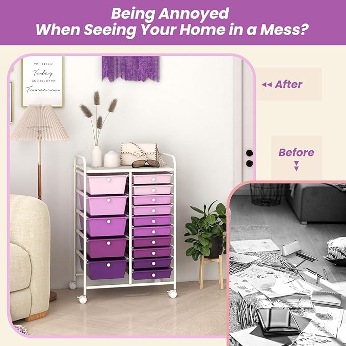 GOFLAME 15-Drawer Rolling Storage Cart, Craft Storage Cart with Removable Drawers & Lockable Wheels, Art Cart Supply Storage Organizer for Home Office Classroom, Purple Gradient - Image 7