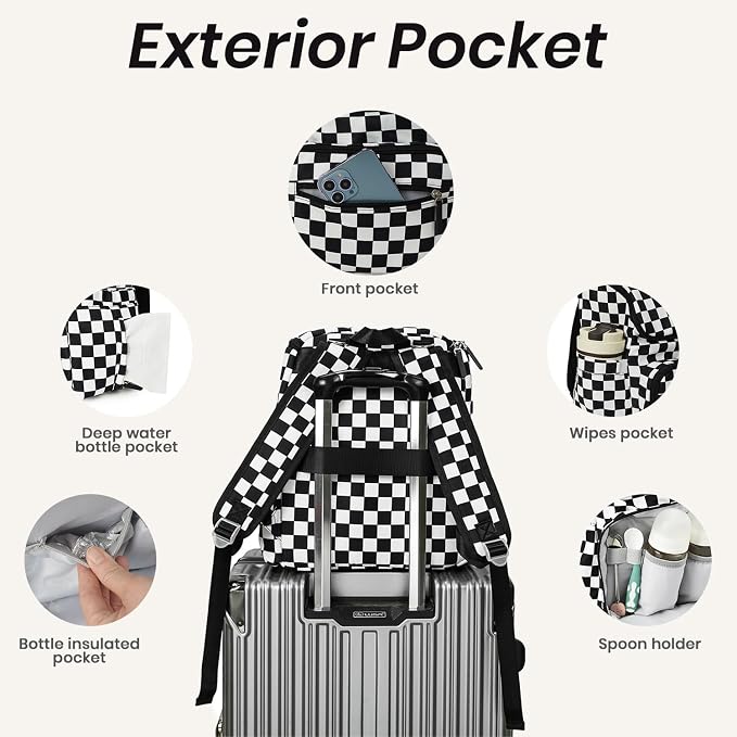FHELAD Checkered Diaper Bag Backpack with Changing Pad & Stroller Clips | Baby Diaper Bag, Baby Shower Gifts, 4 Insulated Bottle Holders, Wet Wipe Pocket, Luggage Strap - Image 3