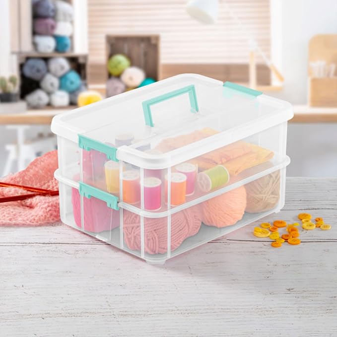 Sterilite 8-Pack Stack & Carry, 2 Layer Handle Box for Home & Office Storage - Clear Base & Lid with Color Latches, Organizer for Art & Craft Supplies, Sewing Tools or 8.5" x 11" Paper - Image 7