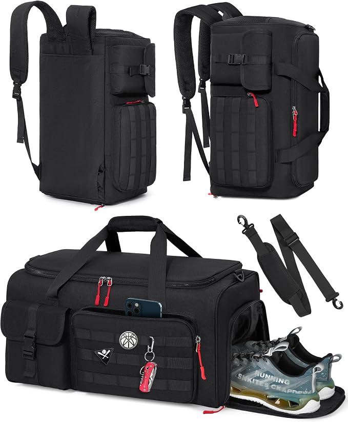 RAINSMORE Gym Bag for Men, 45L Sports Travel Duffel Bag with Shoe & Laptop Compartment, Gym Workout Backpack Carry On Weekender Bag Overnight Backpack for Travel, Black by RAINSMORE