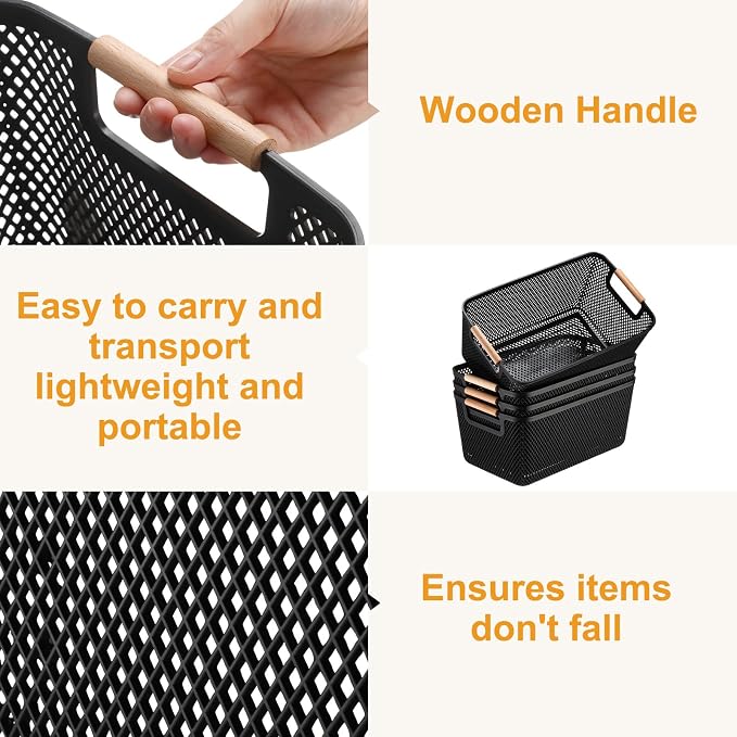 Tioncy 4 Pcs Plastic Mesh Baskets with Wood Handle Woven Mesh Storage Organizer Bins Multi-function Rectangle Baskets for Home Pantries Shelves Closet Kitchens Bedrooms(10.4 x 7.2 x 4.7 Inches) - Image 3