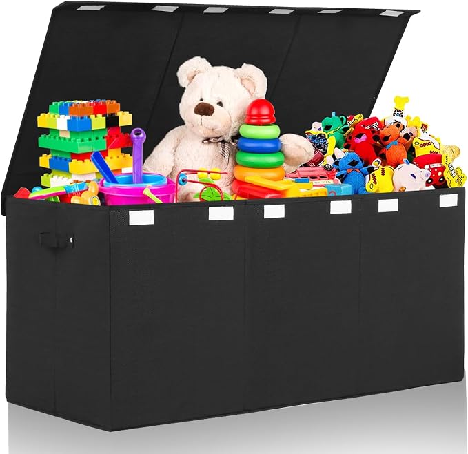 167L Large Toy Box Chest Storage with Lid, Collapsible Kids Toy Storage | Toy Chest with with Removable Divider for Kids, Boys, Girls, Nursery, Living Room, Bedroom, 35.5"x17" x17" (Linen Black) by popoly