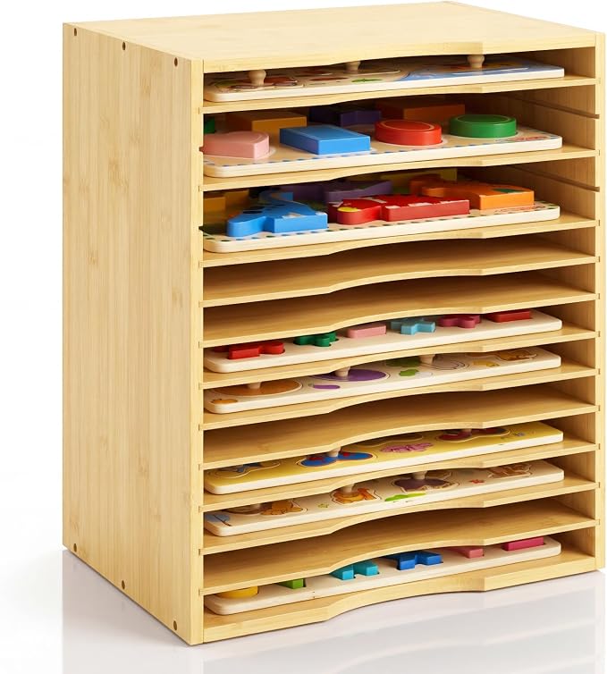 Ripeng 1 Pack Bamboo Puzzle Holder Rack, 12-Tier Adjustable Storage Organizer for Flat and Thick Jigsaw Puzzles, Space Saving Desktop Shelf, Gift for Craft Jigsaw Puzzle Lovers (Natural Wood) by Ripeng