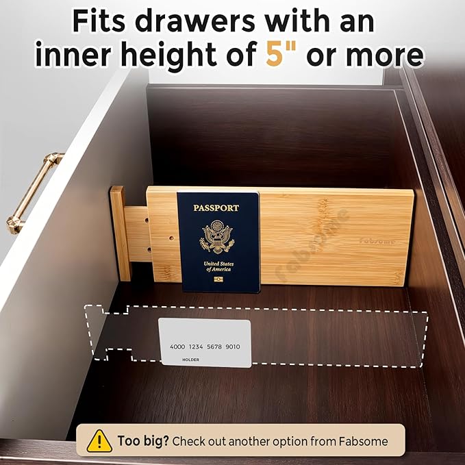 Fabsome Dresser Drawer Organizers 6 Pack, 4.65'' High Adjustable from 17-22‘’ Bamboo Drawer Dividers for Clothing Baby Clothes, Wooden Separators for Dresser Nursery Organization with Soft Foam Ends - Image 4