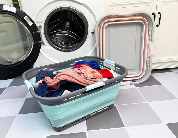 SAMMART 42L (11 Gallon) Collapsible Plastic Storage Basket - Foldable Pop Up Storage Container - Portable Laundry Organizer - Space Saving Hamper (Pink+Lake Green, 42L (Style A)) - Image 2