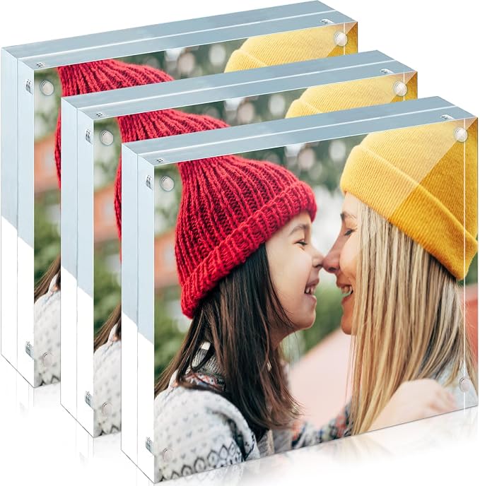 ILYXY 3 Pack Acrylic Frame 4x4, 20% Thicker, 20mm Thick Frameless Clear Picture Frame, Double Sided Magnetic Photo Frame, Free Standing Desktop Display Stand Acrylic Picture Frames by ILYXY