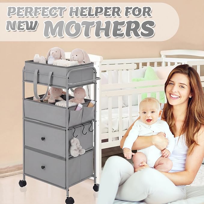 FoldTier 3In1 Baby Diaper Caddy Organizer Cart 4 Tier Large Capacity Metal Utility Bedside Rolling Cart with Divider Newborn Registry Nursery Essential Must Have Bedroom Gift Baby Shower(Gray) - Image 5