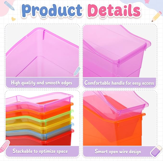 Blosssound 24 Set Book Bins for Classroom Stackable,Translucent Colorful | Plastic Baskets with Labels, Slanted Front, Library Supplies Organizers, Desktop Storage Bins, Teachers Home School Use - Image 3