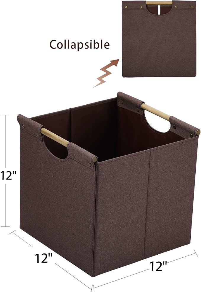 HOONEX Collapsible Storage Bins, 12x12x12in Storage Cubes Linen Fabric, Pack of 3, Storage Baskets with Wooden Carry Handles and Sturdy Heavy Cardboard, for Home, Office, Car, Nursery, Brown - Image 5
